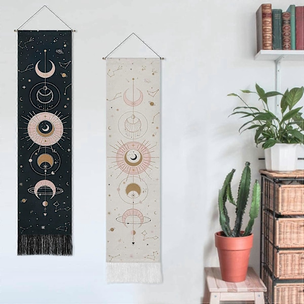 Kuu Seinävaate Tähdet Seinävaatteet Psykeedeelinen Seinäkoriste Seinävaate Makuuhuoneeseen 130 x 32 cm (51 x 13 tuumaa), Musta + Valkoinen