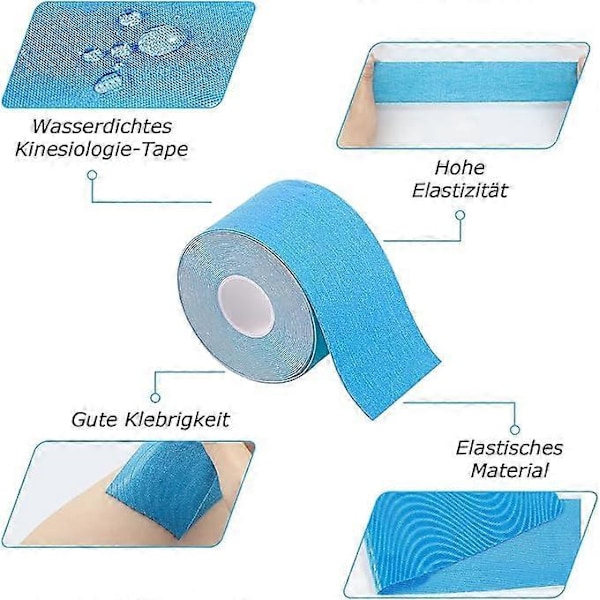 Sport Kinesiologitejp för Muskler, 5 m x 5 cm, Vattentät & Elastisk Kinesiologitejp för Sport, 2 Rullar (1 x Blå, 1 x Blå)