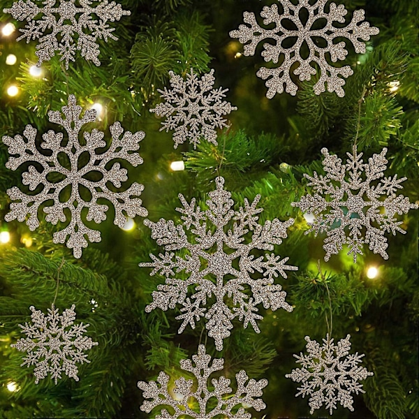 36 stk. Jule Champagne Gull Snøfnugg Ornamenter Plast Glitter Snøfnugg Ornamenter for Vinter Juletre Dekorasjoner Varierende Størrelser Håndverk Snøfnugg