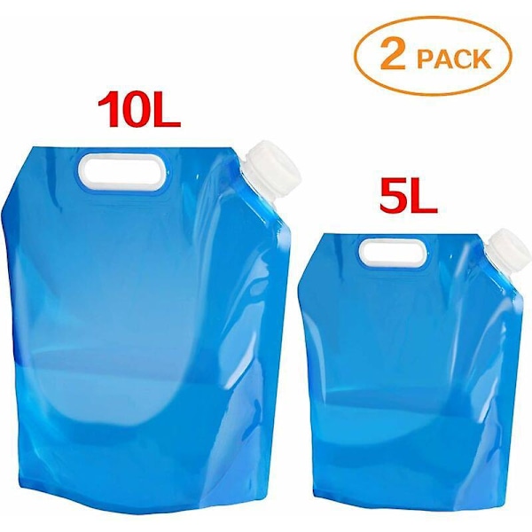Set med 2 hopfällbara och portabla dricksvattenbehållare (5 L + 10L) Lämpliga för vandring, camping, picknick, resor, grillning