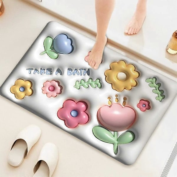Blomstermønstret skridsikker bademåtte 40 x 60 cm, badeværelsesmåtte, skridsikker måtte, diatoméjord bademåtte, 3D vision gulvmåtte til brusebad, badekar og toiletsæt A