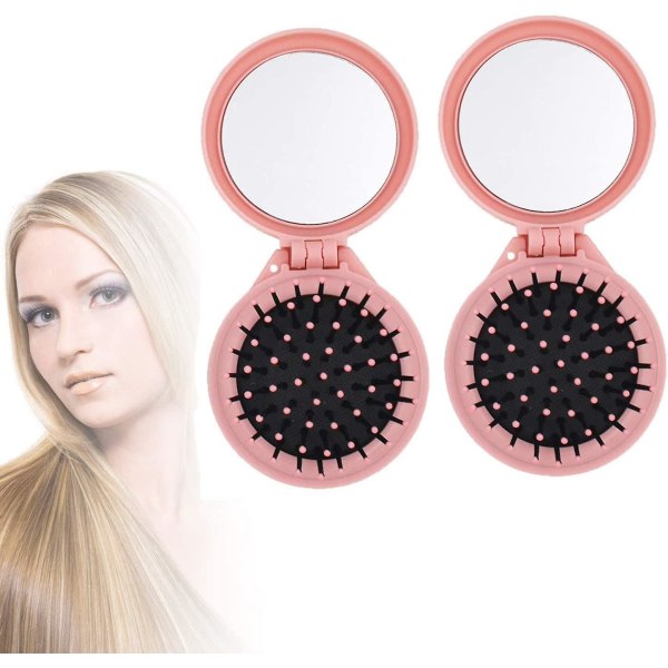 Vaaleanpunainen pyöreä taitettava hiuskampa peilillä naisille ja tytöille - 2 set