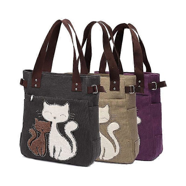 Kattetrykk Canvas Håndveske for Jenter og Kvinner, Stor Kapasitet Casual Skulderveske, Bærbar Solid Glidelås Tote Bag rød