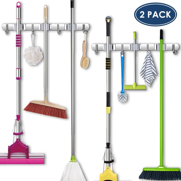 Kosteskaft Holder Rustfrit Stål 3 Clips og 4 Kroge Grå Moppeholder Pakke med 2 til Køkken