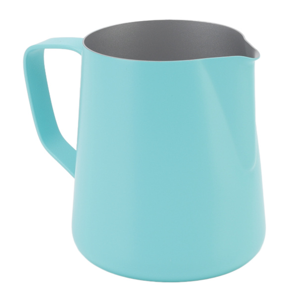 Melkeskummer i rustfritt stål, melkekanne, melkeskummer for melketebutikk, kafé, 350 ml, teflon, blå