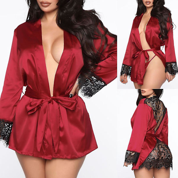 Sidenremsa Kimono Satin Nattkläder Pyjamas för Kvinnor Storlek - Röd