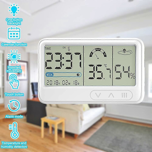 Fuktmätare Rumstermometer, Termometer Hygrometer Inomhus Digital Termo-Hygrometer med Stora Siffror och Tid Datum, med Beröringsbar Bakgrundsbelysning, för Hemmet