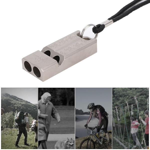Bärbar dubbelrör Survival Whistle Titanium Alloy Student Outdoor Emergency Whistle med rep