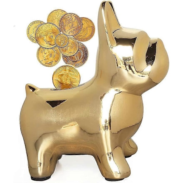 Keramisk Bulldog Spargris för Pojkar Flickor, Pengabox för Barn, Myntbank Minnessak med Plastpropp, Fransk Bulldog Sparburk, Barnrumsinredning (Guld)