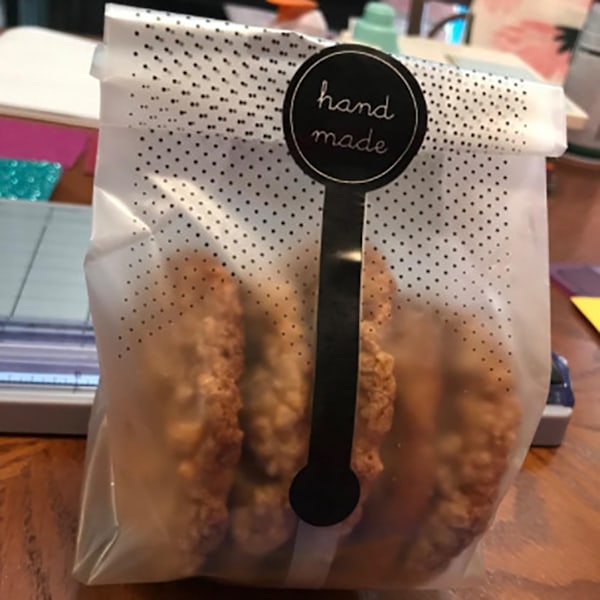 150 stk. Gennemsigtige Kageposer med Bånd og Klistermærker til Emballage af Kage, Chokolade, Slik, Snacks og Bagværk