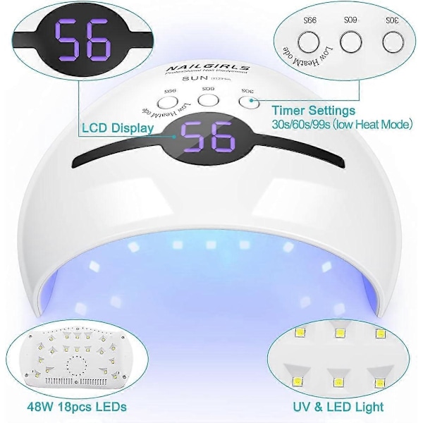 Neglelakk Lampe, 48W Rask LED Negletørker Lampe Gel Neglelakk Tørkemaskin Lys Herdelampe Smart Auto-