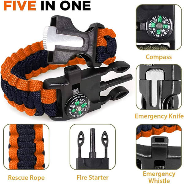 Hätätilanteen selviytymisranneke - Flint Steel Fire Starter, pilli, kompassi - 2 pakkausta, musta