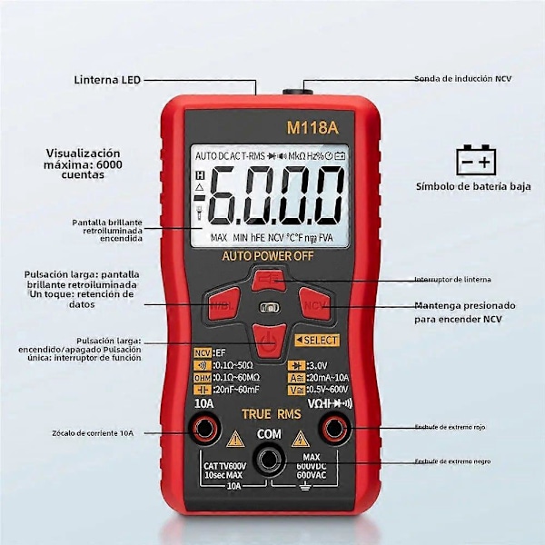 Smart Tester Mini M118A 6000 Teller Digitalt Multimeter med Lys Håndholdt Data Hold Auto Rms Transistor Meter