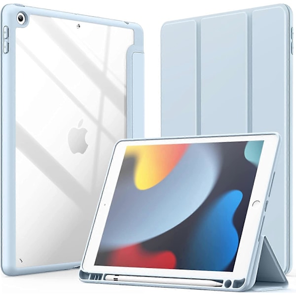 Vaaleansininen suojakotelo iPad 10.2 tuuman (9./8./7. sukupolvi, 2021/2020/2019) -laitteelle, jossa kynäteline, ohut läpinäkyvä takakotelo, iskunkestävä jalustallinen tabletti