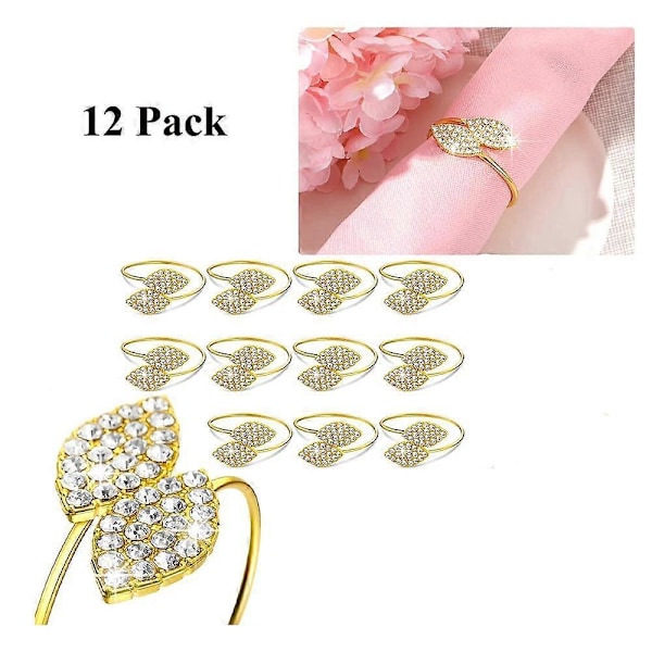 12-pakning Serviettholder Bryllup Metall Blad Serviettringer Rhinestone Serviettspenne for Bryllup Morsdag Fest Feiring Festival Bord