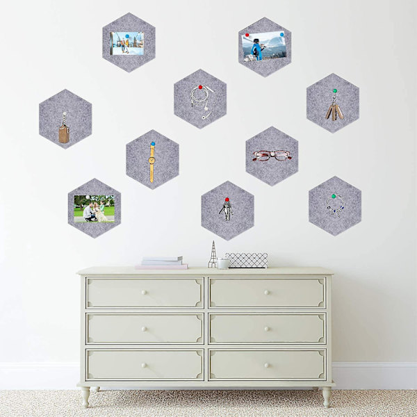 Hexagonformade filtanslagstavlor - Set om 10, grå, 5,9 x 7 tum / 15 x 17,7 cm, heminredning för kontor och klassrumsväggar (stift ingår ej)