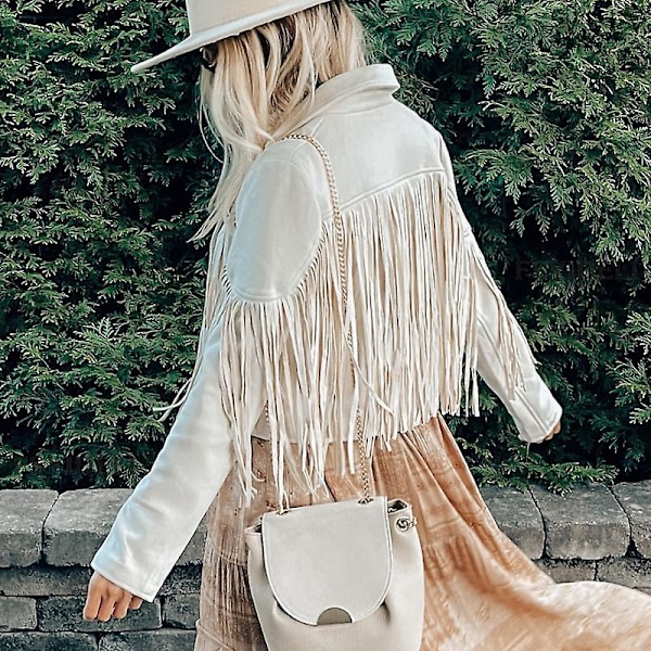 Modekrage Öppen Framsida Fransad Performance Moto Faux Mocka Läder Crop Jacka Kappa för Dam (L, Beige)