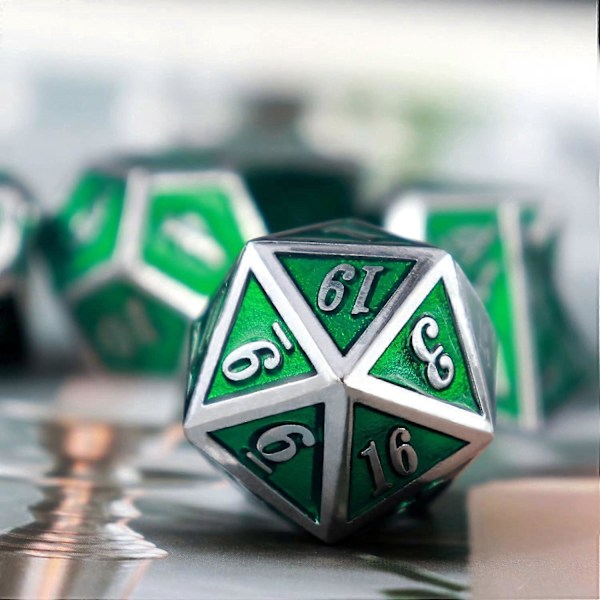 Blodfläckat Metall DND Tärningsset Blodfläckade Tärningar D&D Polyedriska RPG Tärningar (Silvergrön)