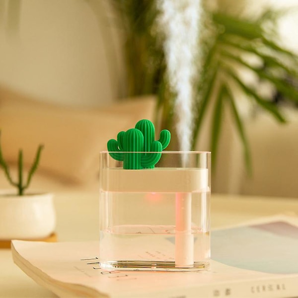 USB Kaktus Mini Kaldt Tåke Luftfukter med Nattelys - Ideell for Soverom, Hjem, Kontor, Bil (Transparent)