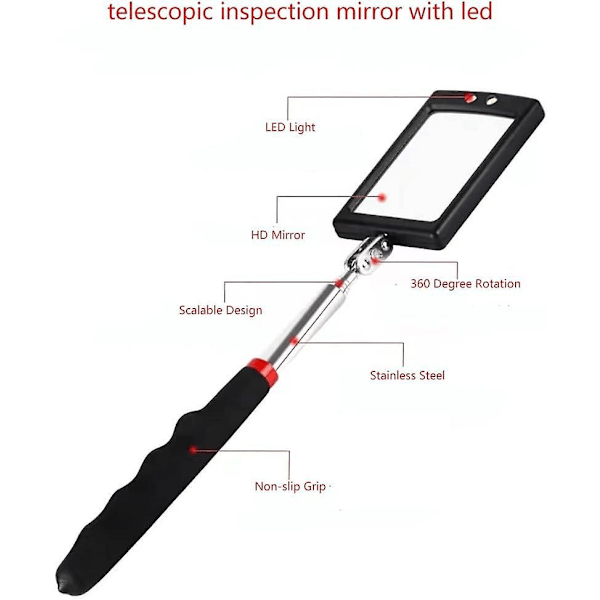 2 stk. Teleskopisk inspektionsspejl med LED-belysning Batteridrevet Teleskopisk op til 88 cm