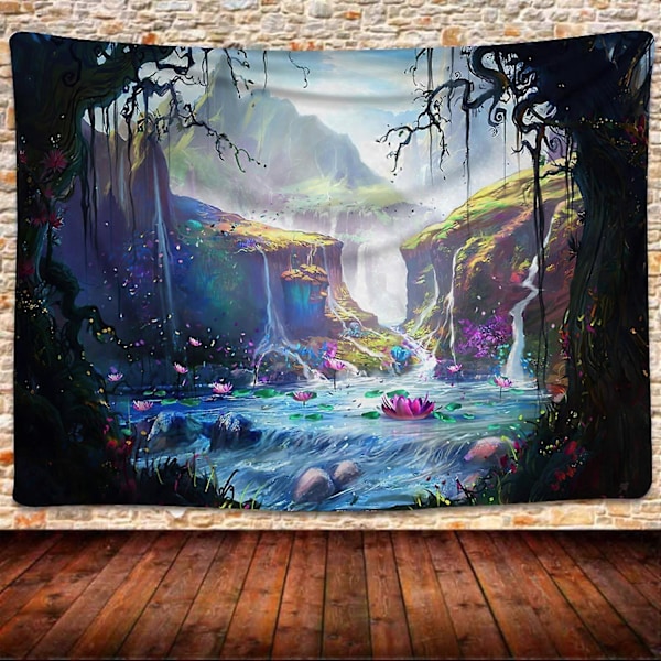 Stor fantasy väggbonad, sagoväggbonad, magiskt land berg tecknad gobeläng