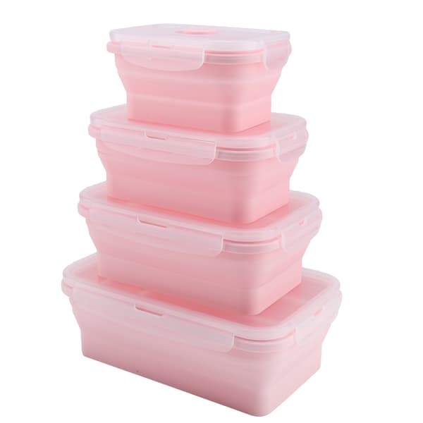 Bärbar Silikon Lunchlåda Set Vikbar Mikrovågssäker Matlåda Matbehållare Rosa