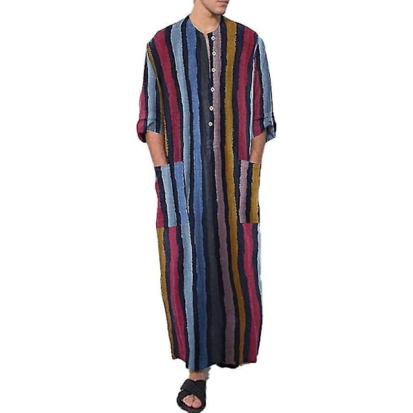Herre Retro Stribet Bomulds Pyjamas - Langærmet Knap V-hals Loungewear (Størrelse Small) S Rød