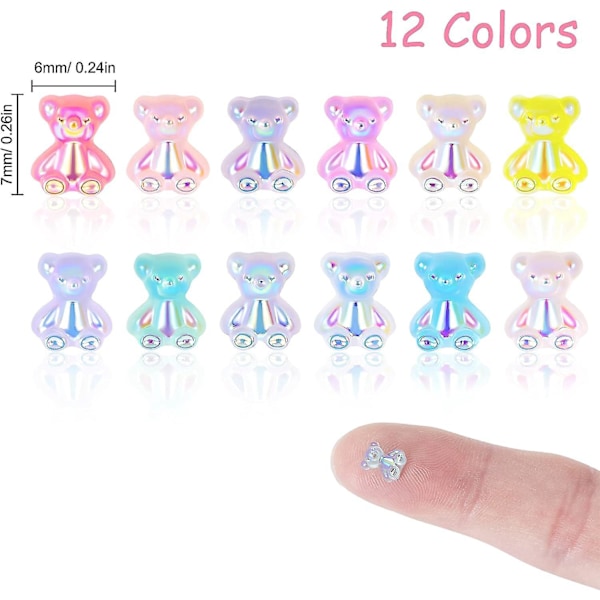 60-delad 3D-björn i harts för nagelkonstdekorationer - 12 färger, kristallbjörn nagelkulor för manikyr, DIY-prydnader med glitter