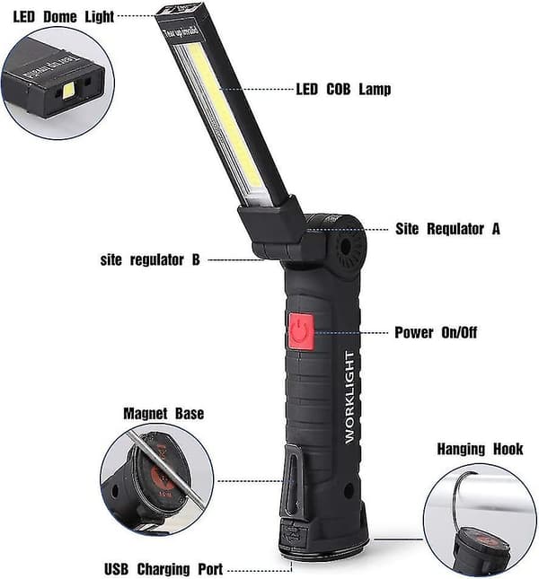 LED Work Light Rechargeable LED Inspection Lamp Magnetic Base 5 Modes For Garage, Camping, Small Emergency Light, 2 pcs