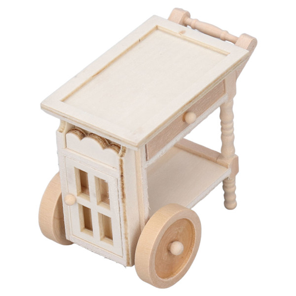 Mini spisevogn i træ, naturtro, umalet, retro-ornament, miniature madserveringsvogn til 1/12 dukkehus