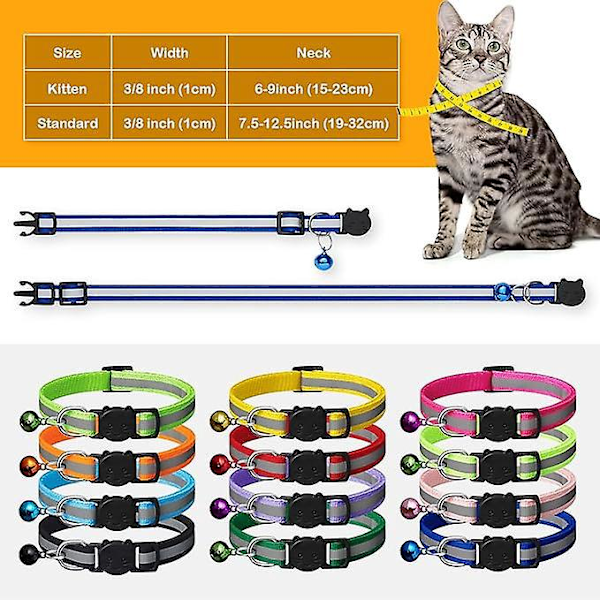Snabbspänne Kattsäkerhetshalsband, Reflexhalsband med Bjällra, Justerbart från 19 cm till 32 cm för Husdjur (8 Färger)