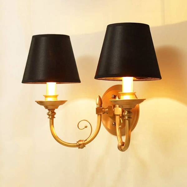 Set med 6 svarta lampskärmar med guld foder - Clip-On lampskärmar för ljuskrona