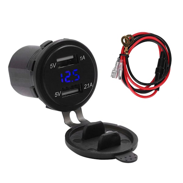5V/1A 5V/2.1A Dubbla USB-portar Billaddare Spänningsdisplay Digital Voltmeter Fordon IP66 Vattentät Blå DC12‑24V