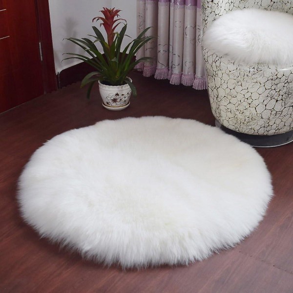 Hvitt rundt fuskepels-teppe - sklisikker myk fleecematte for stue, soverom, sofa - 45x45cm