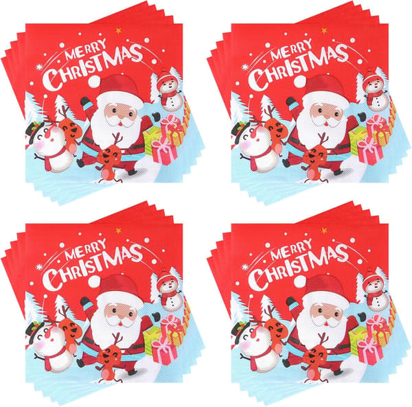 60-pack engångsservetter för gäster, design med jultomte, ren och snögubbe, 2-lagers, 33 x 33 cm.