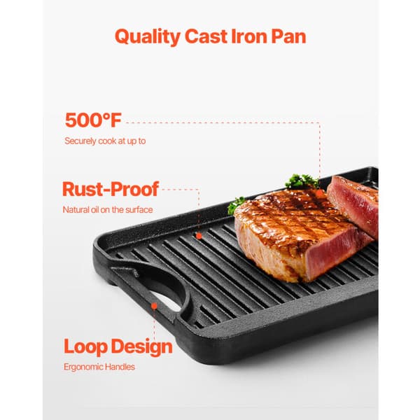 Mophorn Reversible Cast Iron Griddle (185 x 342 mm), Portable Rectangular BBQ Pan with Handles, Versatile Cookware for Stovetops and Grills, Black Black