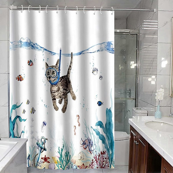 Sødt Kat Dykning Bruseforhæng 180x180cm Ocean Dyreprint Badeforhæng Vandtæt Vaskbart Polyester Badeværelsestilbehør med 12 Kroge, Blå