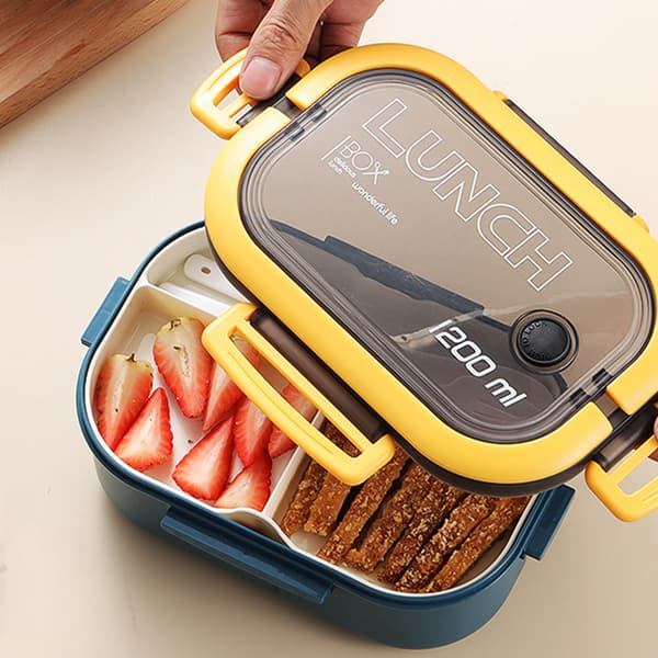 1200 ml Bento matboks med dobbeltlags isolasjon og gaffel/skje for studenter og kontorarbeidere, blå