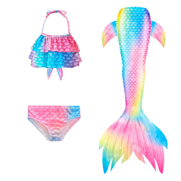 Mermaid tredelad set (med simfötter) - sjöjungfrusvans, lämplig för barns sommarbad, barnbaddräkt, lämplig för barns födelsedagspresenter 140cm