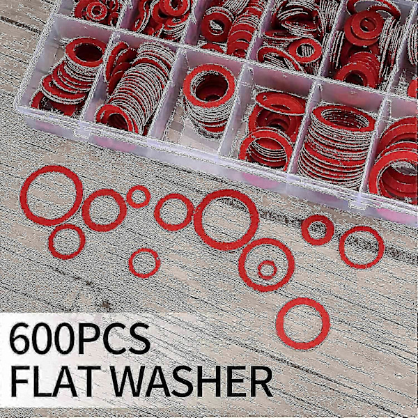 600 stk Fiberskive Sortiment Kit 12 Størrelse Rød Stål Papir Fiber Flat Skive Kit Flat Ring Tetningssortiment Kit