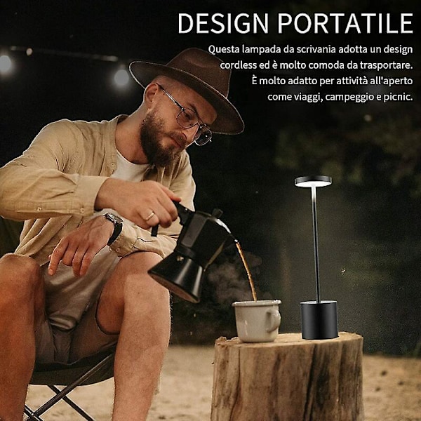 Trådløs Bordlampe, 6000mAh Genopladeligt Batteri, 2 Lysstyrkeniveauer, Metal Sengelampe, til Stue, Soveværelse, Kontor, Studio (Sort)