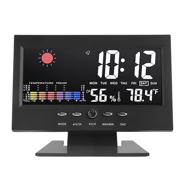Sääennustekello ABS LED -värinäyttö Monitoiminen lämpötila- ja kosteushälytyskello Musta