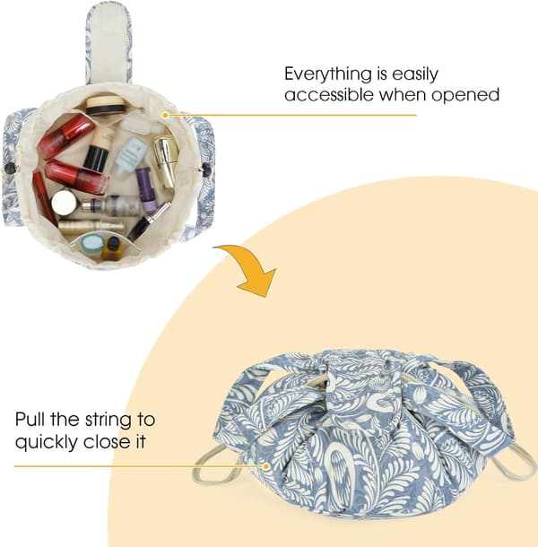 Cylindrisk makeuptaske med snøre, stor kosmetiktaske, makeuptasker, toilettaske til kvinder (Blå blade) (Patent)