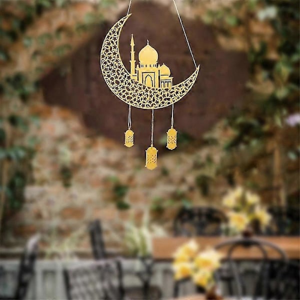Ramadan Kareem -koriste kotiin, Eid Mubarak -puinen riippuva kyltti, kuu- ja tähtiriipuskoriste -GSL