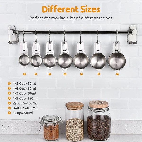 Målekopper i rustfritt stål i 7 deler med bredt håndtak for tørre og flytende ingredienser, inkluderer 30 ml, 60 ml, 80 ml, 120 ml, 160 ml, 180 ml, 240 ml