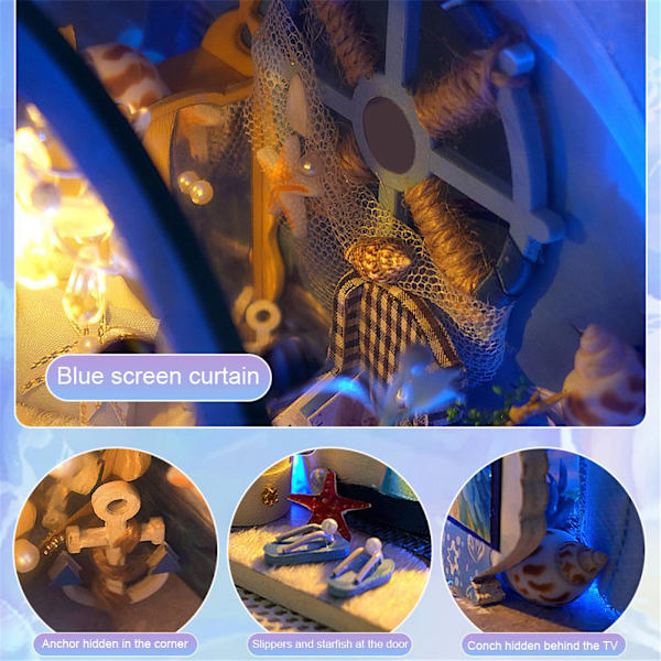LED DIY Mini Ocean Tunnel Dockhus Kit Miniatyr med Möbler Trä Dockhus Present till Barn Vänner