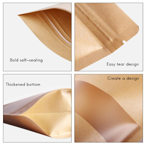 50 stk. Stand Up Pouch Bags Kraft Pouches med Tear Notch og Matte Vindue Genlukkelige Zip Lock Fødevareopbevaringsposer
