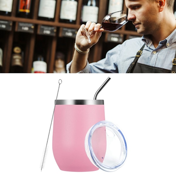 12oz 304 Rostfritt Stål Äggskalskopp Set U-formad Stor Mag Värmeisoleringskopp med Sugrör Koppslock Borste Rosa