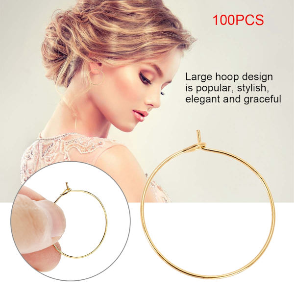 100 st stålcirkelörhängeöglor Vinglasbåge ring smycken (guld, 35 * 30 mm)