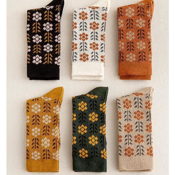 Stilige skinnsko for kvinner med strikkede britiske retro-blomstrete bladsokker sett - 6 par